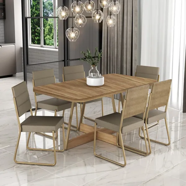 Conjunto Sala de Jantar 6 Cadeiras Charlotte Carraro Carvalho Dourado