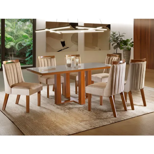 Conjunto Sala de Jantar Lottus Mesa Tampo MDF Vidro 6 Cadeiras Moderna