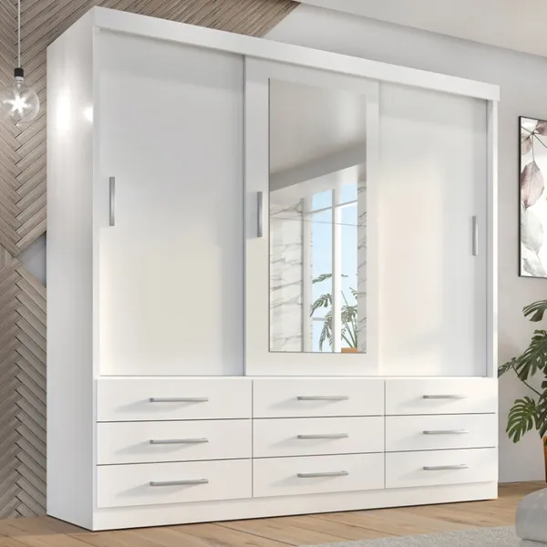 Guarda Roupa Casal Capri 3 Portas Correr 9 Gavetas Com Espelho