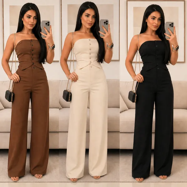 Conjunto Alfaiataria Cropped Tomara que Caia Social Elegante Calça Pantalona Blusa Elástico Lastex Botão Verão Moda