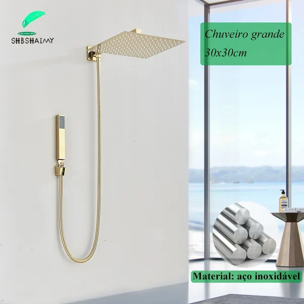 Kit ​Ducha Chuveiro Ouro Polido 30x30cm Quadrado De Aço Inoxidável Com Escorregador E Manual