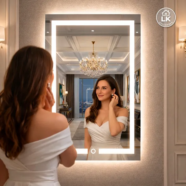 Espelho LED Retangular 80x50 cm | Jateado com Botão Touch para Banheiro Penteadeira
