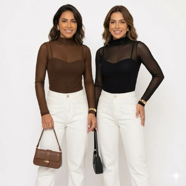 BLUSA de Tule manga longa Malha Transparente Sem Sutiã Moda Casual Tendencia linha premium