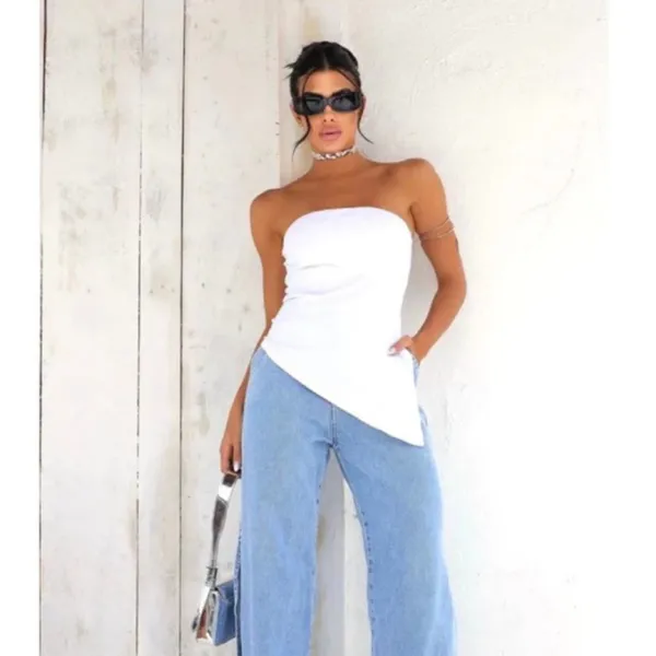 Blusa Feminina Tomara Que Caia Com Bojo e Fenda Estilosa Assimétrica Moda Blogueira Gringa Verão