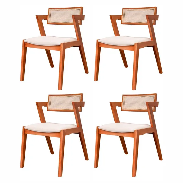 Kit 4 cadeiras Madeira Maciça, Rattan de Fibra 100% Natural e Estofada Verona Espresso Móveis  Champagne/Off White