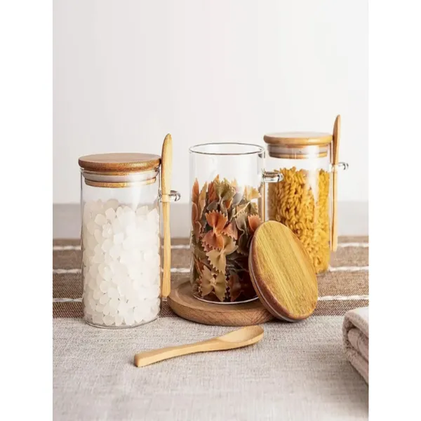 Kit 3 Pote De Vidro Hermético Tampa De Bambu 400ml Com Colher De Bambu