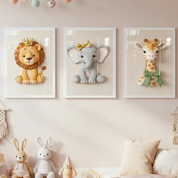 Kit 3 Peças Quadros Infantil Bebê Safari Elefantinho Leãozinho Girafinha Fofos Quarto