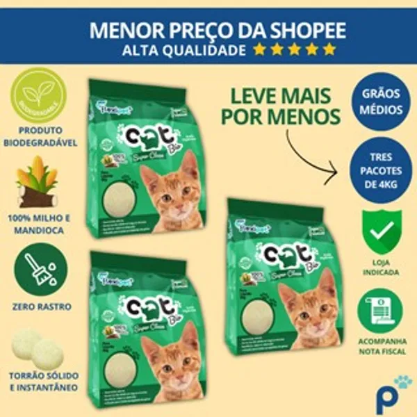 Areia Higiênica Biodegradável Catbio 12 Kg (3 pacotes 4kg) - Super Clean - Grãos Médios - novo