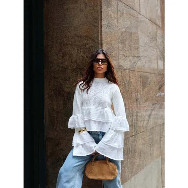 Blusa babados feminina modal premium alta qualidade furadinha meia estação outono inverno