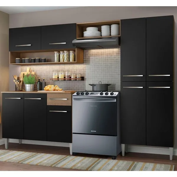 Armário de Cozinha Compacta 229cm Rustic/Preto Emilly Pop Madesa 02