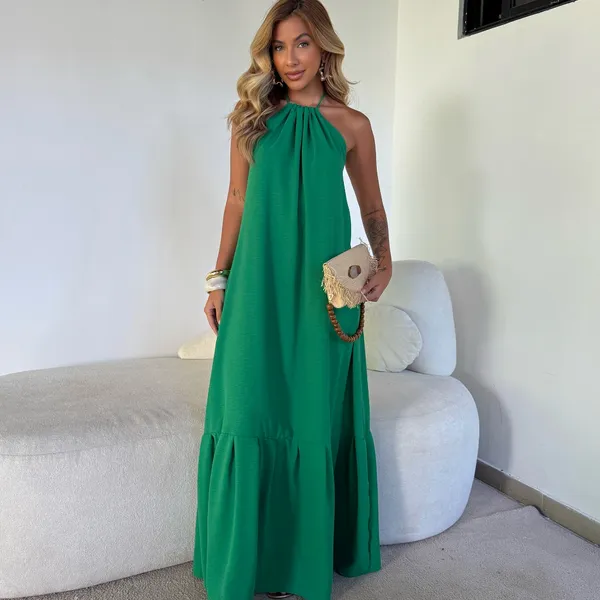 Vestido Longo Luxo Decote nas Costas Tecido Duna Premium Elegância e Conforto