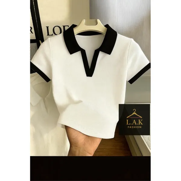 Camiseta Feminina Canelada Gola Polo Detalhe Bicolor Básica Manga Curta Ribana  Algodão Malhado