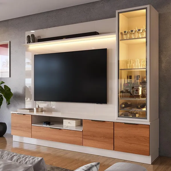 Estante Home 225cm Para TV Até 75” Noble Com Cristaleira LED Porta Reflecta Rack Painel Sala Luxuosa