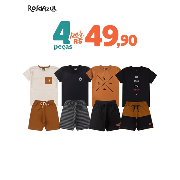 Kit 4 Peças Conjunto Infantil Bebê Menino Verão Algodão Promoção  2 Camisas 2 Shorts Envio Sortido