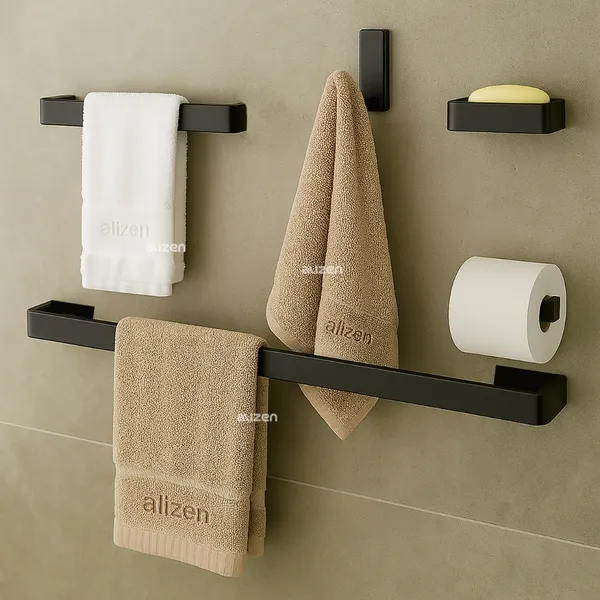 Kit Acessórios para Banheiro 5 Peças Preto Fosco – Porta Toalhas e Saboneteira Super Luxo