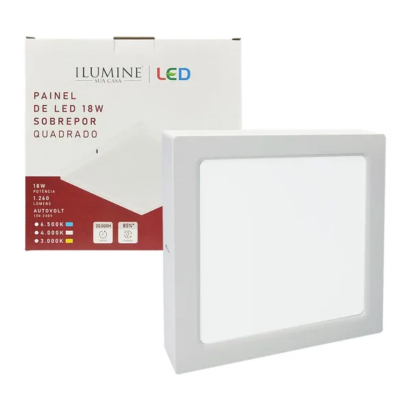 Painel LED Ilumine Sua Casa 18W Quadrado Sobrepor, Moderno e Eficiente