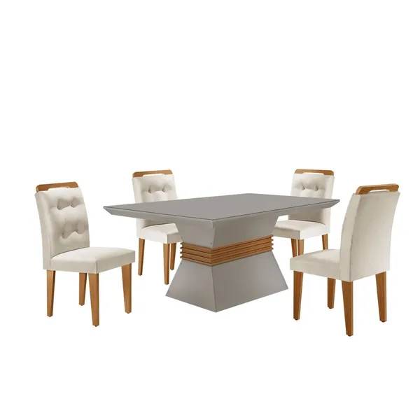Conjunto Sala de Jantar Mesa Clarice 120x80cm Tampo Vidro/mdf Canto Reto com 4 Cadeiras Valentina Veludo Creme/Off