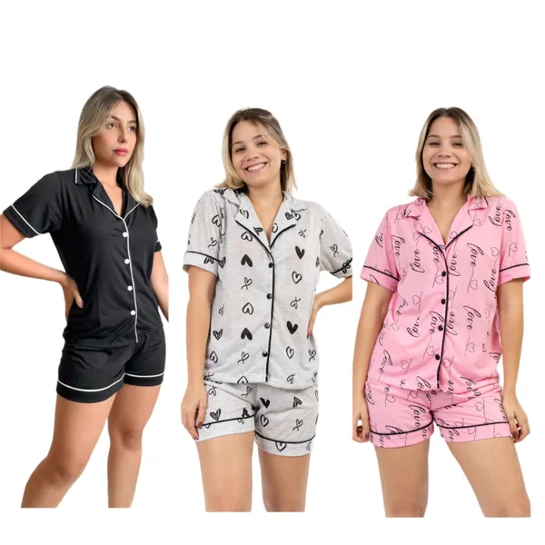 Kit 3 conjuntos Pijama americano Short doll Amamentação Com abertura de Botões Blogueira Malha Verão