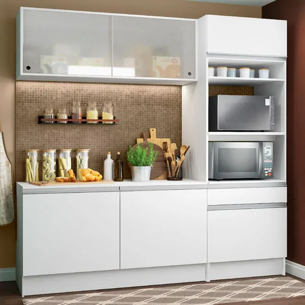 Cozinha Compacta Pop com Armário, Balcão e Tampo Branco Madesa Topazio
