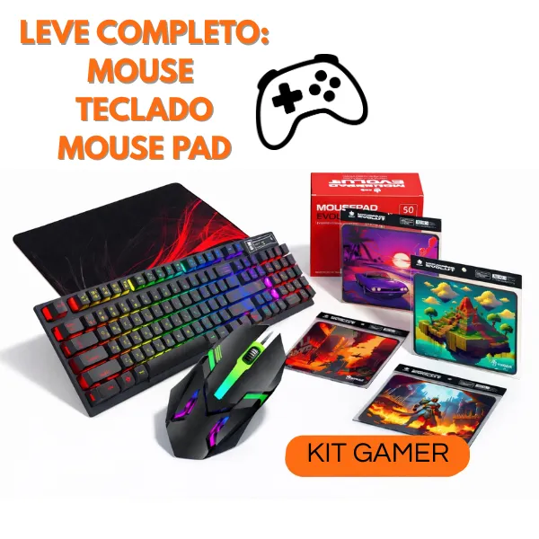 Kit Gamer Teclado Semi Mecânico RGB + Mouse RGB Óptico + Mouse Pad Profissional