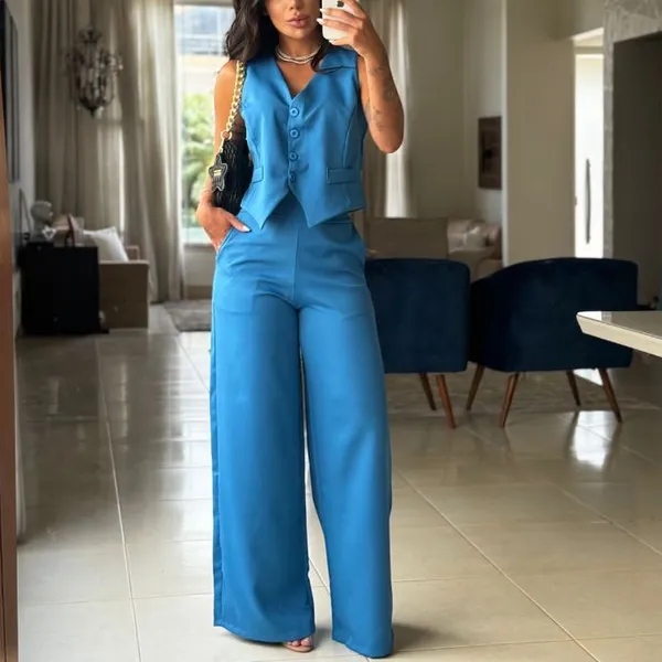 Conjunto ​Social Calça Pantalona Cintura alta bolsos Alfaiataria Colete Botões Uniforme  Plus Size