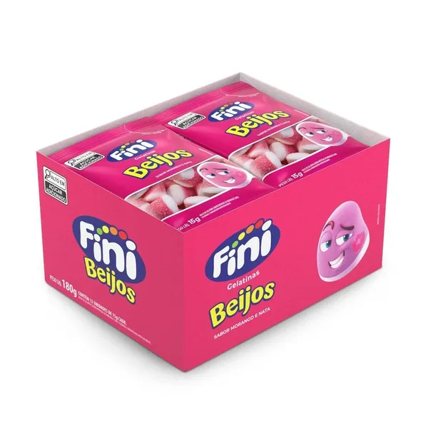 Mini Beijos de Morango com 12 pacotes de 15g cada - Fini