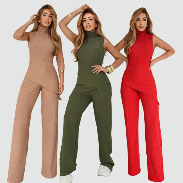 Conjunto Feminino Aerolook Malha Anarruga Regata Gola Alta Assimétrica Calça Pantalona Conforto Estilo Casual