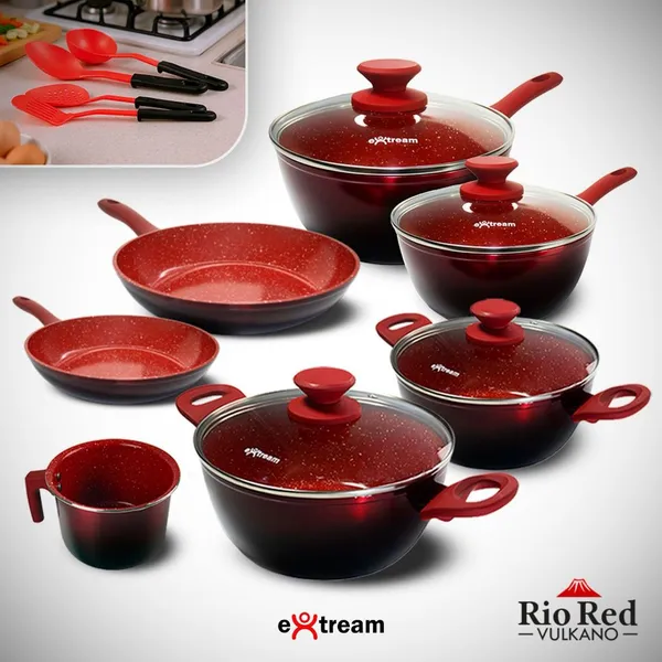 Jogo de Panelas Revestimento Ceramica Indução 11 peças Extream Rio Red Vulkano