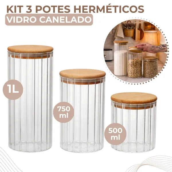Kit 3 Potes de Vidro Canelado Hermético para Mantimentos com Tampa Bambu 1000ml 750ml 500ml