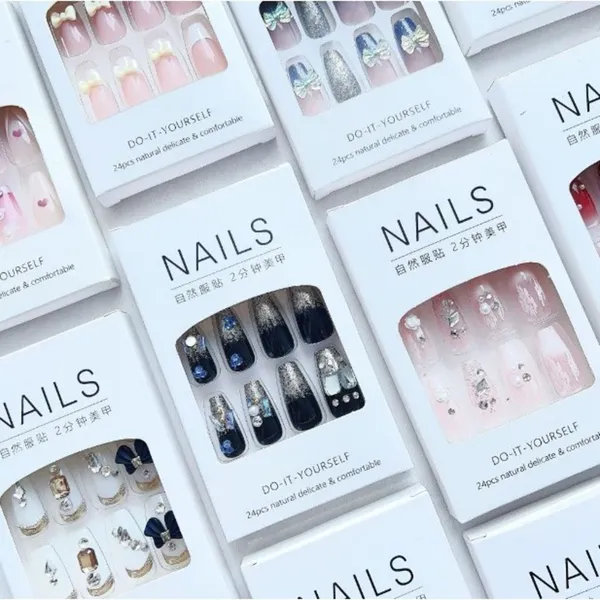 KIT 24/48/72 Unhas C/Cola Postiça Decorada Glitter Bailarina Quadrada Amendoada Francesinha Pintada Unha