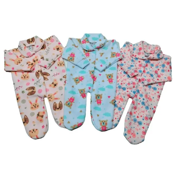 Kit com 3 macacões bebê soft quentinho e macio estampado menino menina