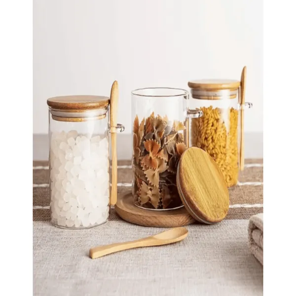 Kit 3 Pote De Vidro Hermético Tampa De Bambu 400ml Com Colher De Bambu