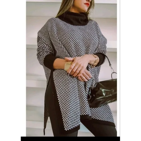 Poncho De Tricot Vestido feminino Estilosa quadriculado Inverno Fenda Lateral Plus Size