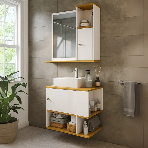 Conjunto Kit Gabinete Armário Balcão Aéreo Suspenso Lavabo Pia Banheiro Com Espelheira Deca Aqua