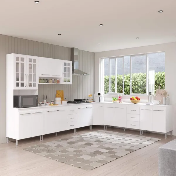 Cozinha Modulada Completa Fidelitá Viena 7 Peças 600cm 16 Portas 6 Gavetas Com Tampo Branco