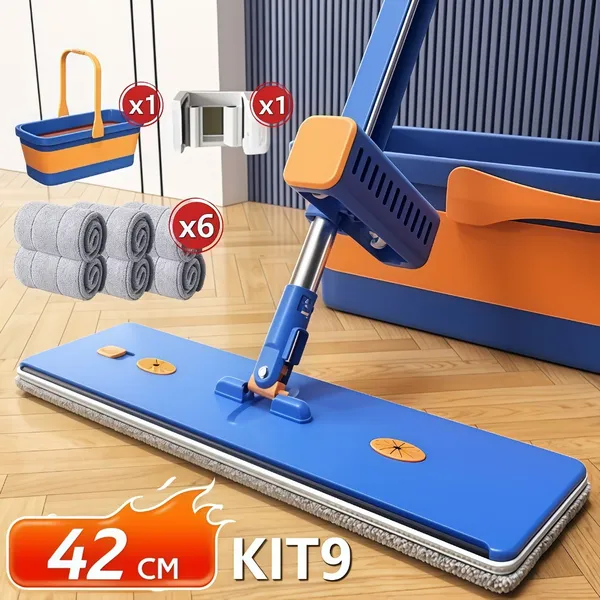 KIT 9 Esfregão Lazy Mop Seco Molhado Absorvente Dobrável com Balde Raspador Não Precisa Enxaguar-S10
