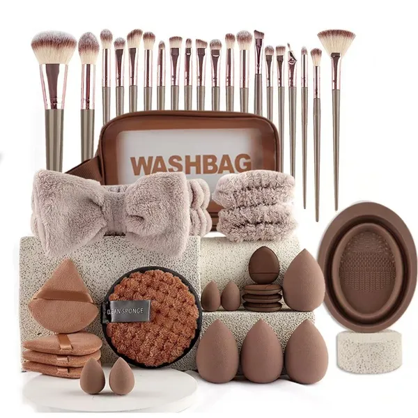 42 Pçs/set Profissional Rosto E Olho Kabuki Kit De Pincel De Maquiagem , Tiaras , Esponjas De Beleza , Tigela De Limpeza