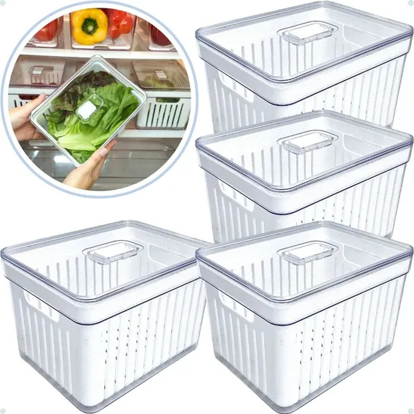 Kit 2 e 4 Organizadores de Geladeira 3,8,  2,8, 1,9 e 1,4 Litros Cesto com Tampa Multiuso Alimento Verdura e Vegetal