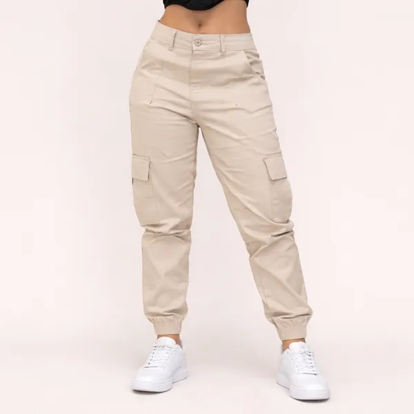 Calça Cargo Feminina Jogger Com Bolso Lateral Bege Com Lycra Stillger Jeans