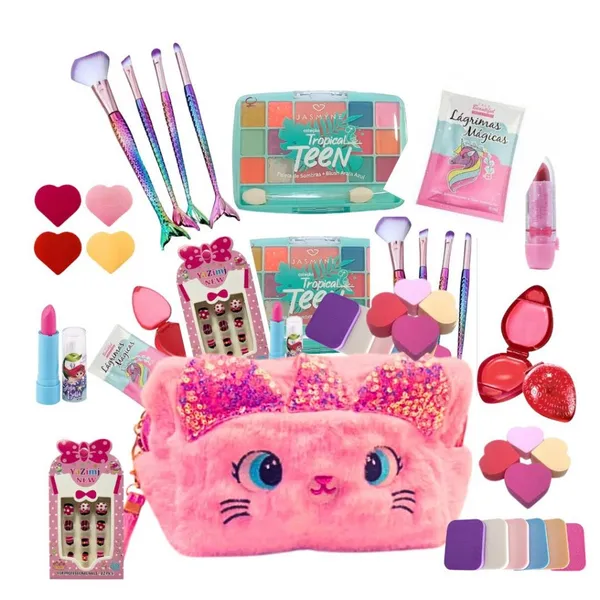 Kit maquiagem Bolsinha Sombras Pinceis batom gloss Unhas skin care completo