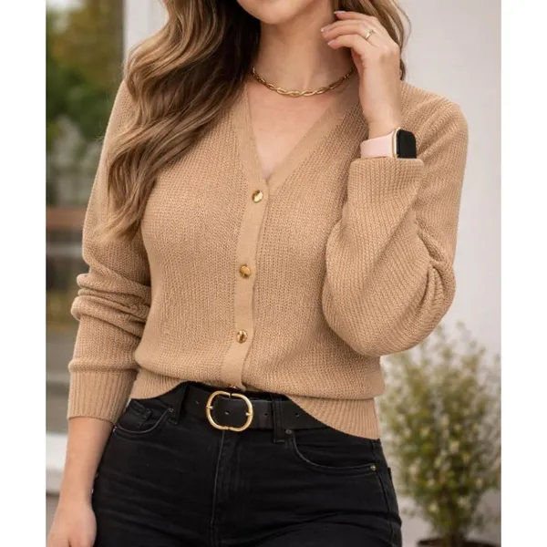 Cardigan Feminino Tricot Manga Longa Botões Dourados