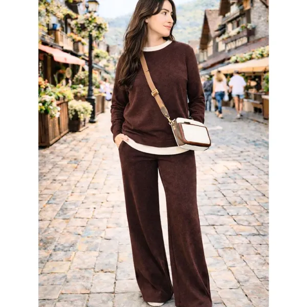 CONJUNTO COMFY FEMININO OUTONO/INVERNO: CALÇA PANTALONA, CINTURA ALTA COM ELÁSTICO E BLUSA LANZINHA