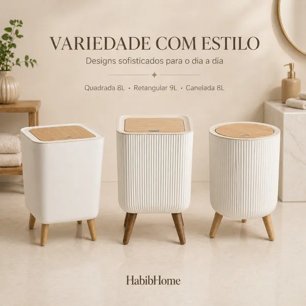Lixeira Decorativa Moderna | 8L e 9L com Tampa Click Bambu e Pés Simulam Amadeirado Design Clean