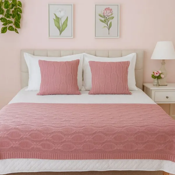 Kit Peseira Manta Tricot Luxo + 2 Capas de Almofadas Decorativas Sala Sofá Cama Texturizadas