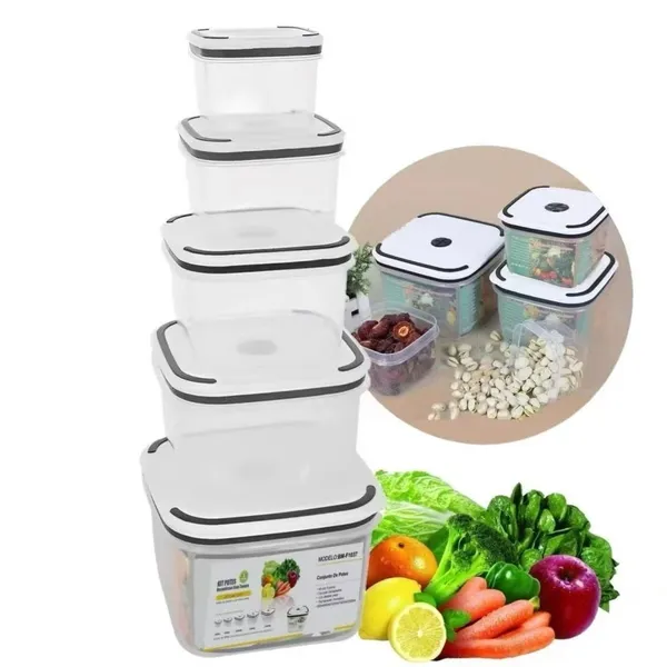 Kit De 5 Peças Potes Herméticos Plastico Para Mantimentos Micro-ondas Alimentos Geladeira Marmita