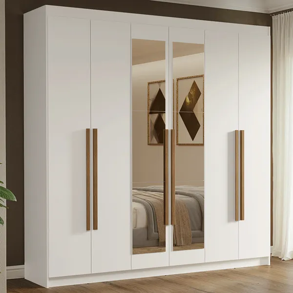 Guarda-Roupa Casal 6 Portas Batentes com Espelho Branco/Branco/Rustic Venus Madesa