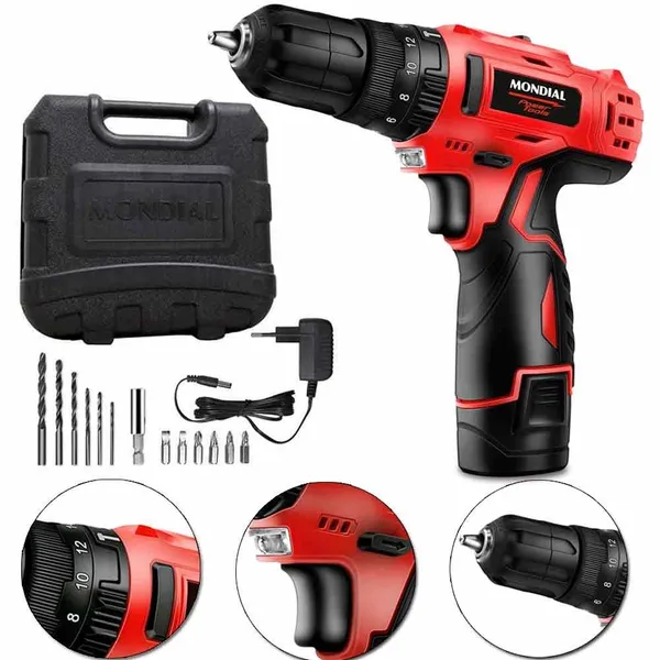 Furadeira Parafusadeira de impacto 3/8" a bateria 12V com maleta e acessórios - PI-10MA - Mondial