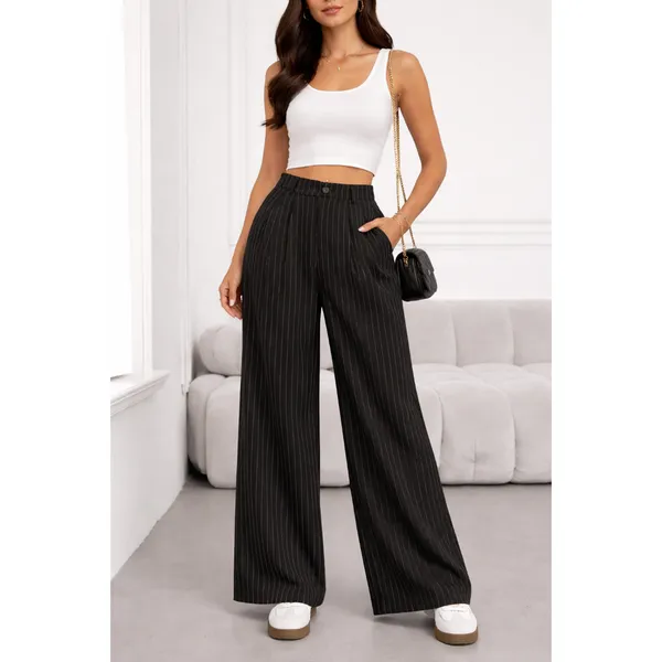 Calça Feminina Wide Leg Listrada – Caimento Perfeito, Cós Elástico risca de giz