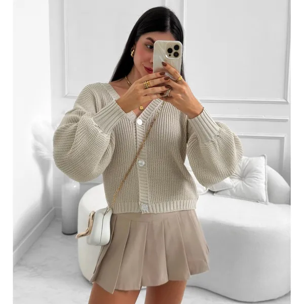 Casaco Feminino Tricot Manga Bufante Comfy Moda Inverno Tricô