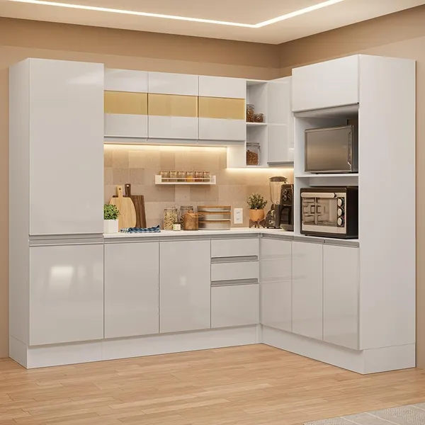 Armário de Cozinha Completa de Canto 100% MDF 377cm Smart Branco Brilhante Madesa 01